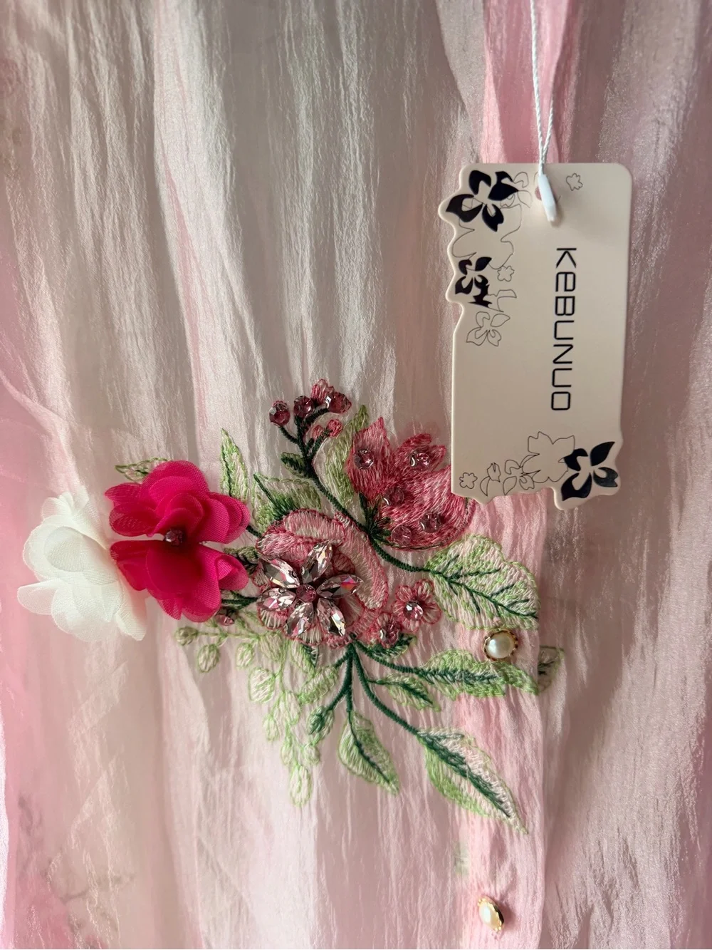 NWT KEBUNUO Pink Sheer Floral Embroidered 3D Appliqué Button-Up Blouse OS - Picture 5 of 12